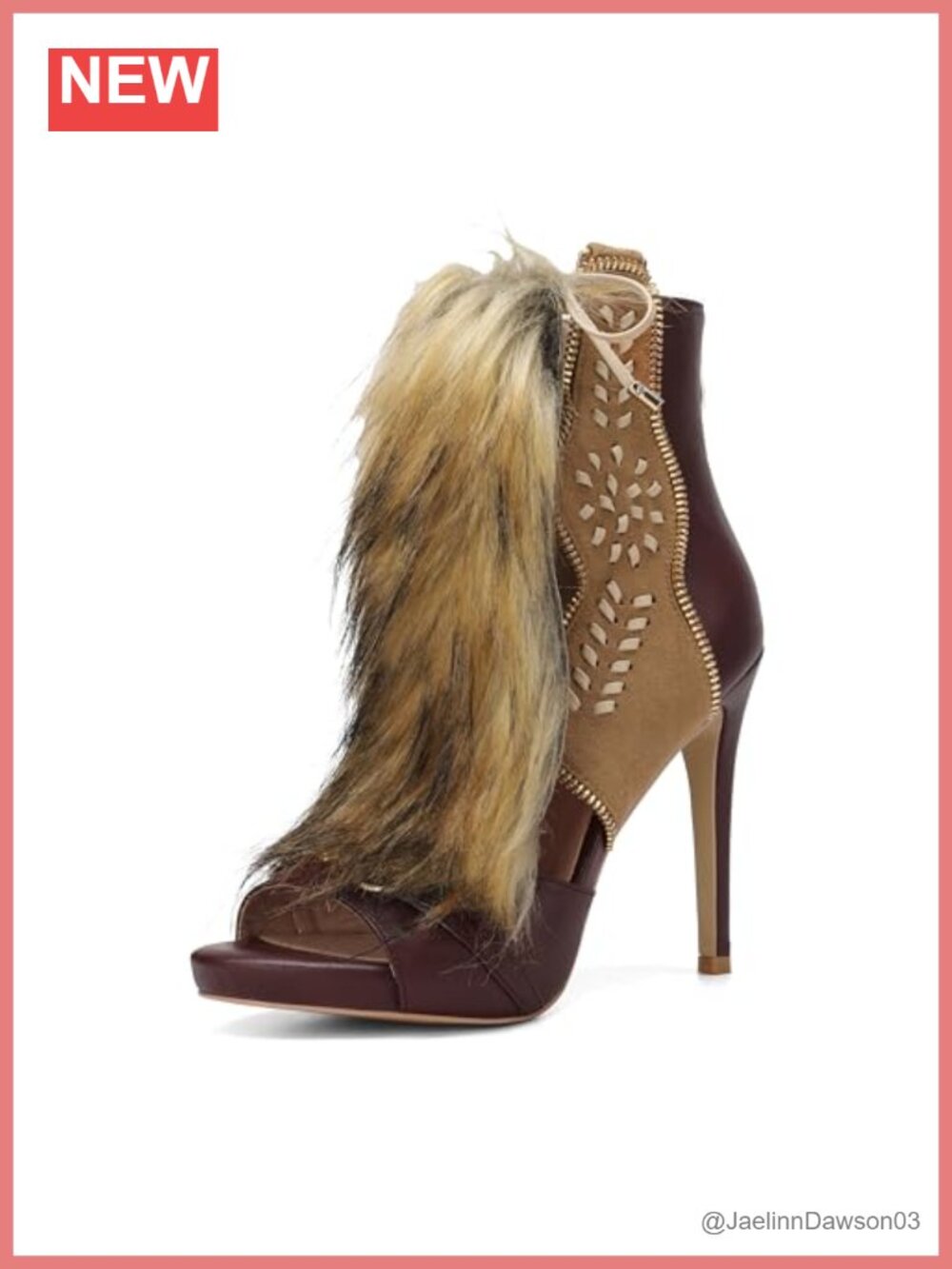 Faux Fox Fur Trim Peep Toe Ankle Boot Sandals Cutout Leather Lace Up Zip